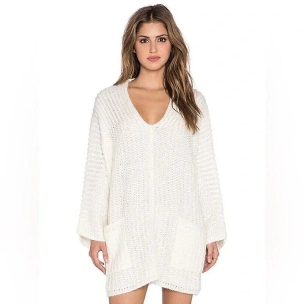 Free People Deep Vee Ivory Pocket‎ Tunic Wool Blend Sweater M
